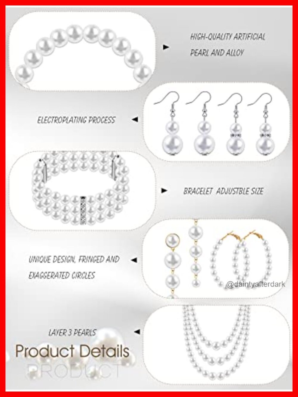 Faux Pearl Necklace and Earring Set with Bracelet - 8 Piece Jewelry Set for - Picture 4 of 6